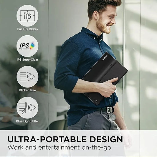 Person carrying the ViewSonic VA1655-3 15.6-inch FHD Portable USB-C Monitor showcasing its lightweight design, IPS display, Flicker-Free technology, and Blue Light Filter.