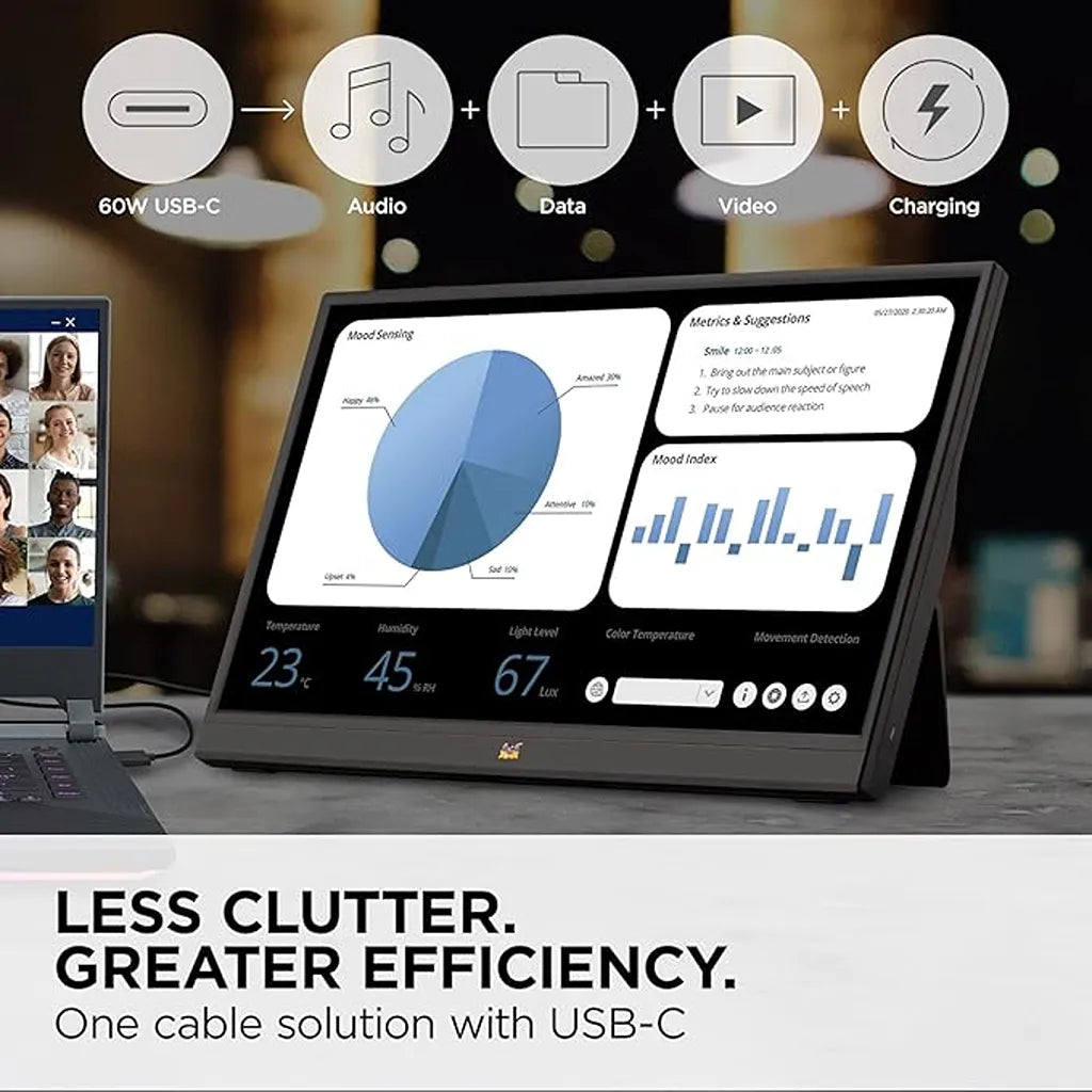 ViewSonic VA1655-3 15.6-inch FHD Portable USB-C Monitor demonstrating single USB-C cable connectivity for video, audio, data transfer, and charging.