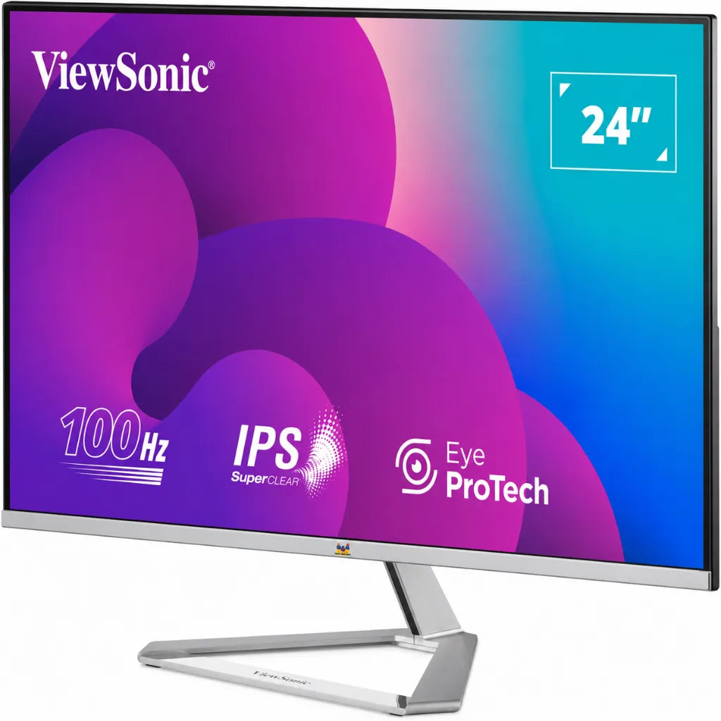 Front left angled view of ViewSonic VX2476-SMHD-3 24 inch Full HD IPS monitor with 100Hz refresh rate and Eye ProTech.