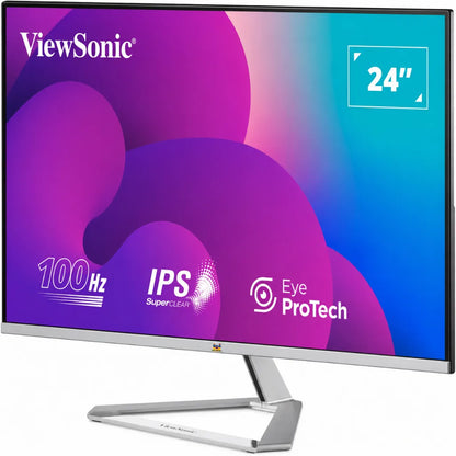 Front left angled view of ViewSonic VX2476-SMHD-3 24 inch Full HD IPS monitor with 100Hz refresh rate and Eye ProTech.