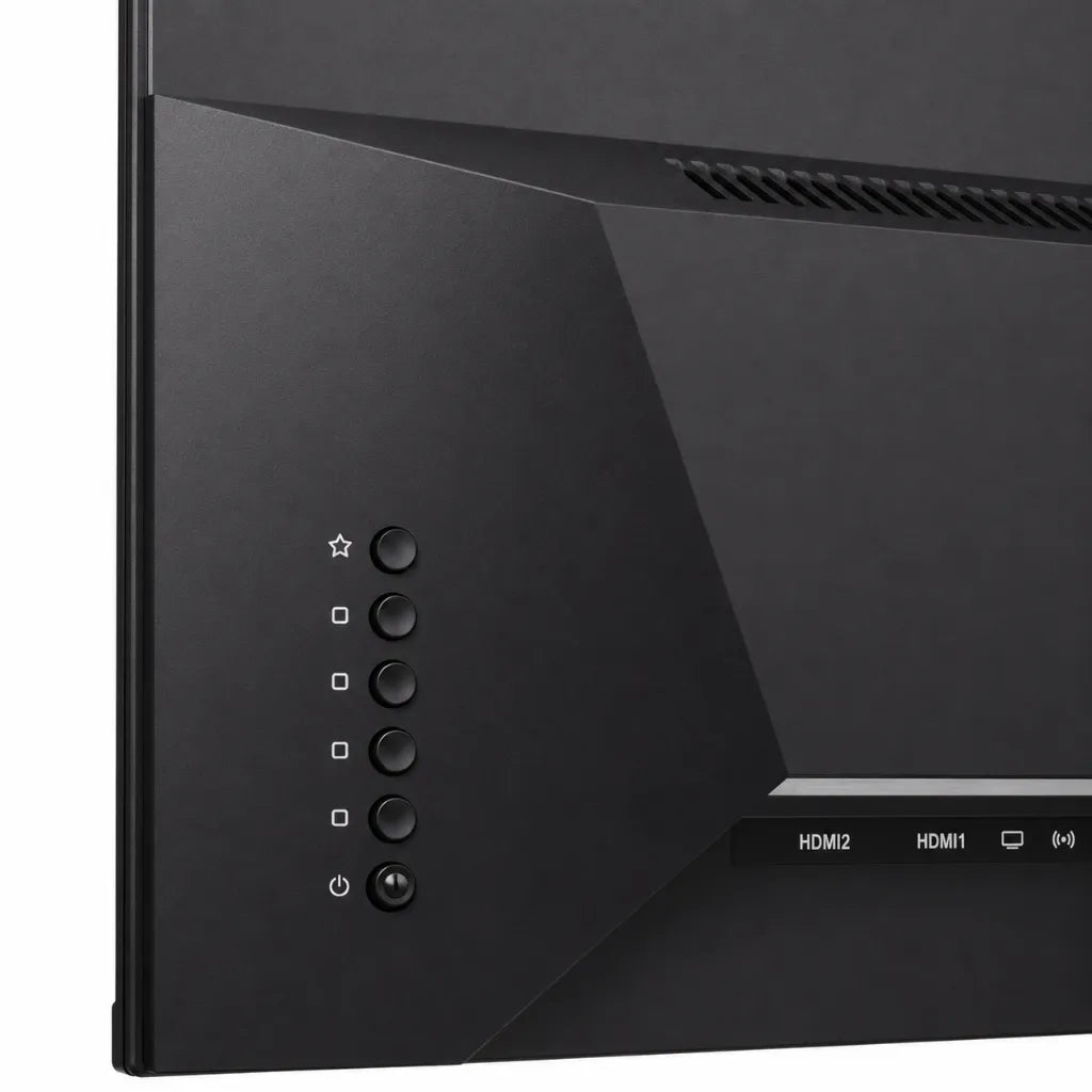 Close-up of ViewSonic VX2476-SMHD-3 monitor OSD control buttons and rear input panel.