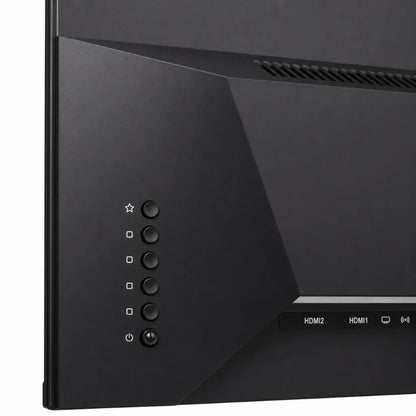 Close-up of ViewSonic VX2476-SMHD-3 monitor OSD control buttons and rear input panel.