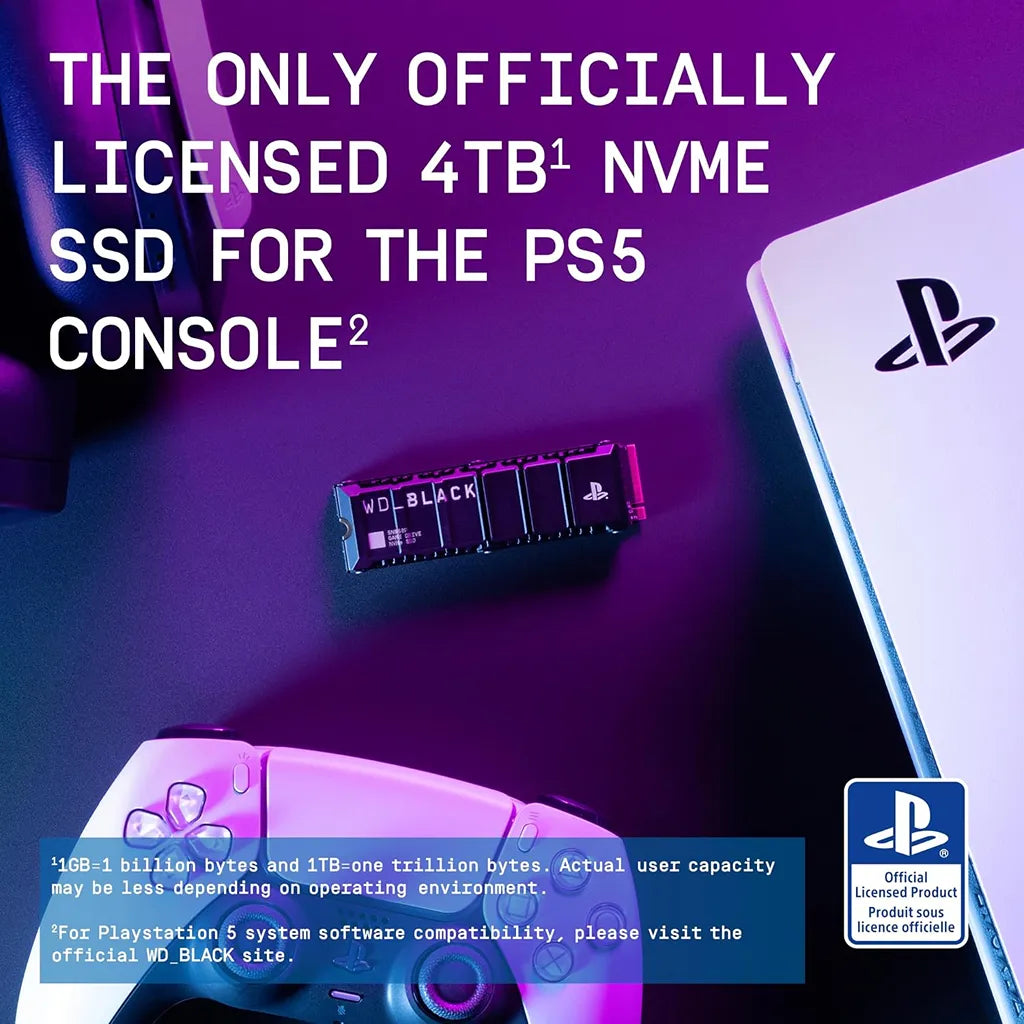 WD BLACK SN850P 4TB NVMe SSD officially licensed high speed storage drive next to PS5 console and controller -tpstech.in