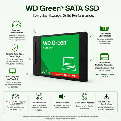 WD Green 500GB SATA SSD features improved performance low power consumption and up to 545MB/s read speed-tpstech.in