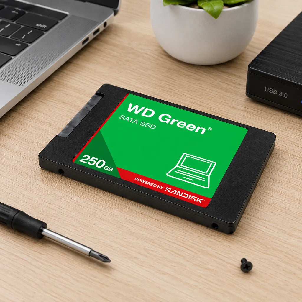 WD Green WDS250G5G0A 250GB SATA Internal SSD placed on desk for laptop and desktop storage upgrade -tpstech.in