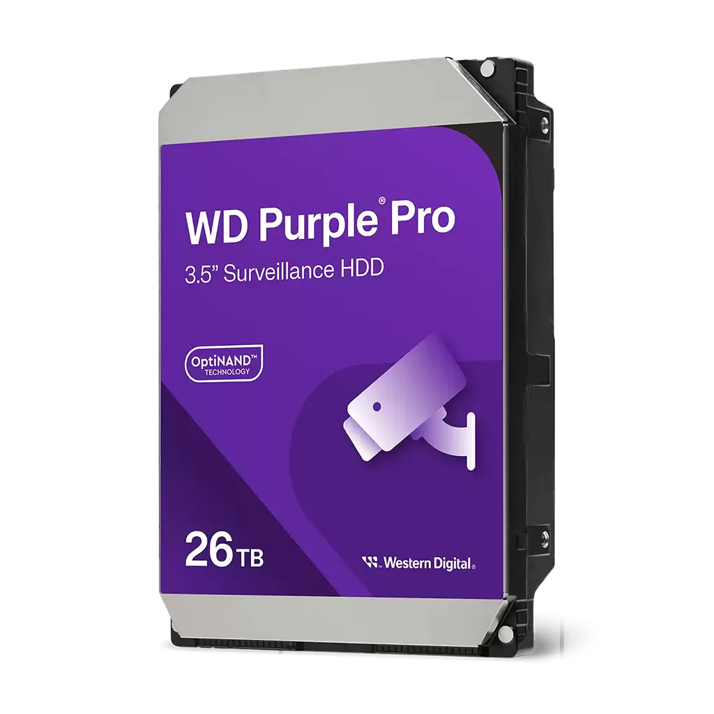 Studio product shot of the Western Digital Purple Pro 26TB 3.5 inch SATA surveillance hard disk drive featuring OptiNAND technology.