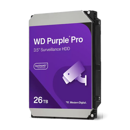 Studio product shot of the Western Digital Purple Pro 26TB 3.5 inch SATA surveillance hard disk drive featuring OptiNAND technology.