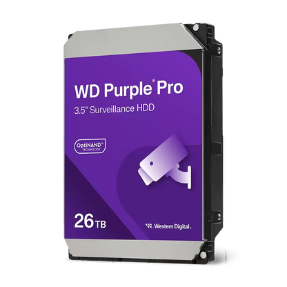 Studio product shot of the Western Digital Purple Pro 26TB 3.5 inch SATA surveillance hard disk drive featuring OptiNAND technology.