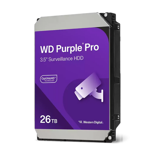 Studio product shot of the Western Digital Purple Pro 26TB 3.5 inch SATA surveillance hard disk drive featuring OptiNAND technology.