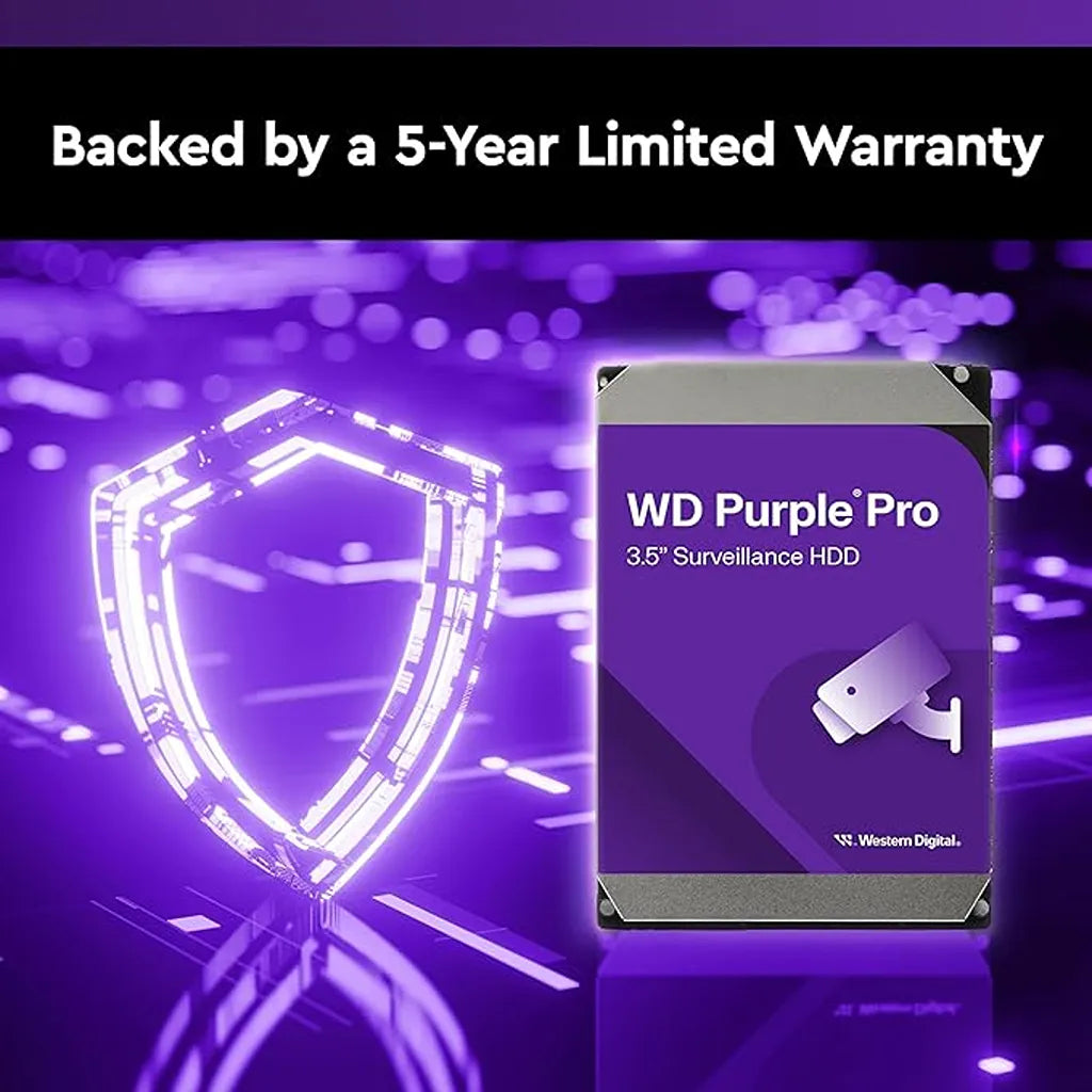 Promotional graphic highlighting the 5-year limited warranty protection badge next to the Western Digital Purple Pro 26TB surveillance hard drive.