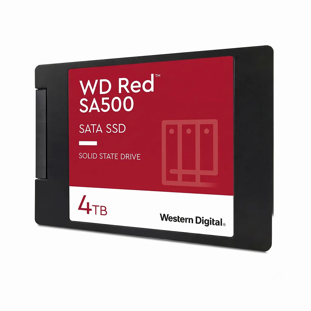 WD Red SA500 4TB NAS SATA 2.5 Inch Internal Solid State Drive front angled view for high-performance NAS storage.