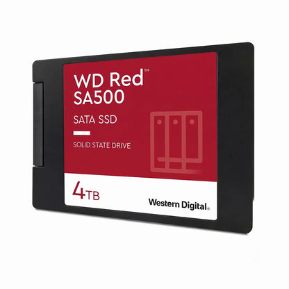 WD Red SA500 4TB NAS SATA 2.5 Inch Internal Solid State Drive front angled view for high-performance NAS storage.
