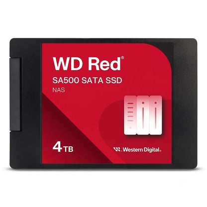 Front view of WD Red SA500 4TB NAS SATA 2.5 Inch Internal Solid State Drive designed for NAS systems and continuous operation.