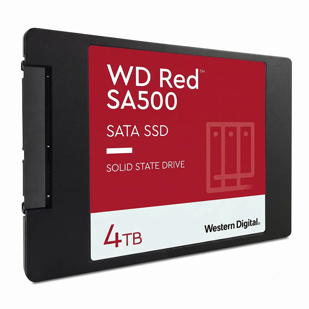 Left angled view of WD Red SA500 4TB NAS SATA 2.5 Inch Internal Solid State Drive featuring SATA interface and durable design.