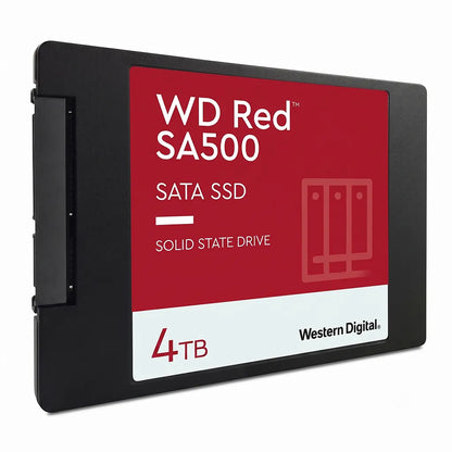 Left angled view of WD Red SA500 4TB NAS SATA 2.5 Inch Internal Solid State Drive featuring SATA interface and durable design.