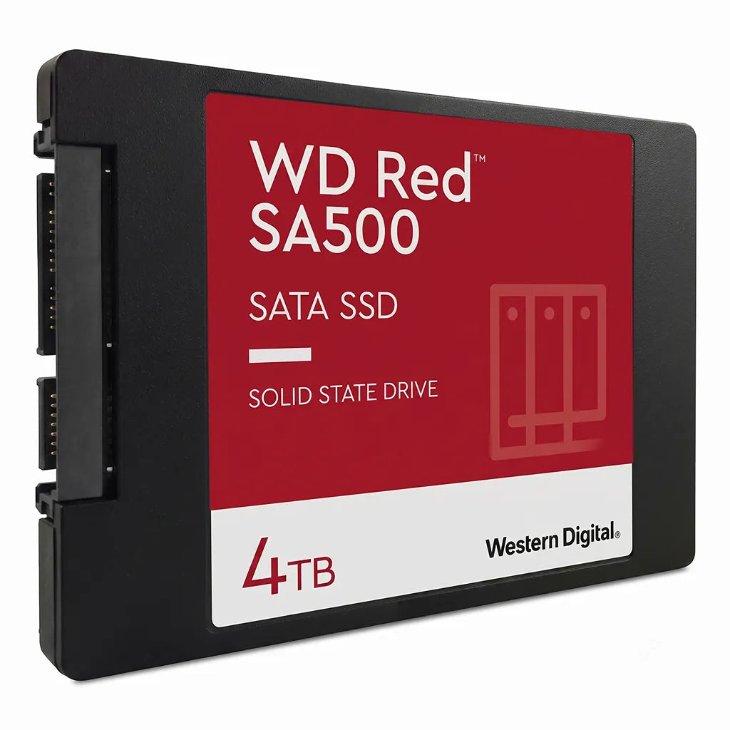 WD Red SA500 4TB NAS SATA 2.5 Inch Internal Solid State Drive showing SATA power and data connectors for NAS and desktop compatibility.