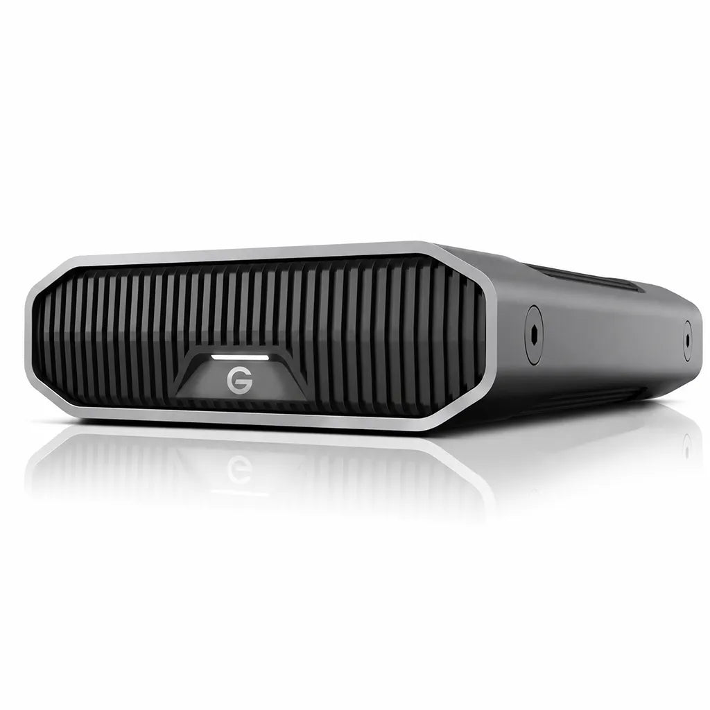 Western Digital G-DRIVE 18TB desktop external hard drive with USB-C connectivity in angled front view featuring an enterprise-class Ultrastar HDD.