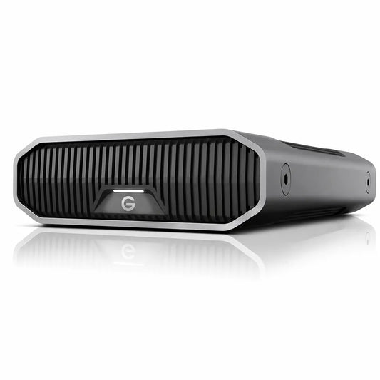 Western Digital G-DRIVE 18TB desktop external hard drive with USB-C connectivity in angled front view featuring an enterprise-class Ultrastar HDD.