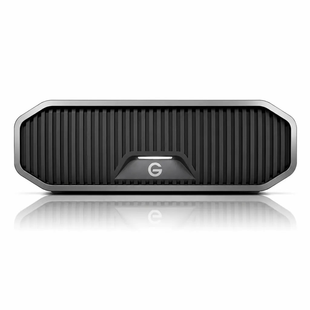 Front view of the Western Digital G-DRIVE 22TB USB-C external desktop hard drive with premium aluminum design.