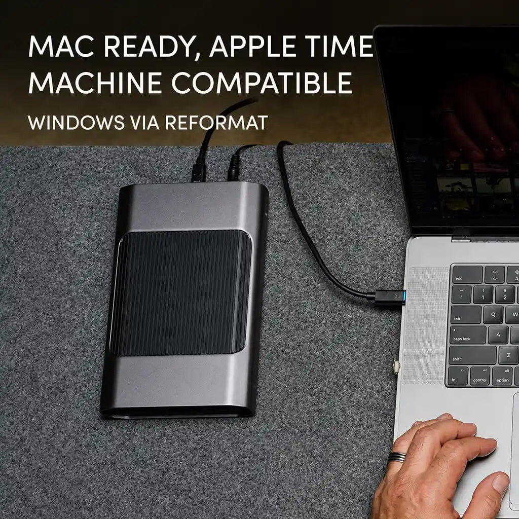 Western Digital G-DRIVE 6TB connected to Mac showing Apple Time Machine compatibility and USB-C connectivity.