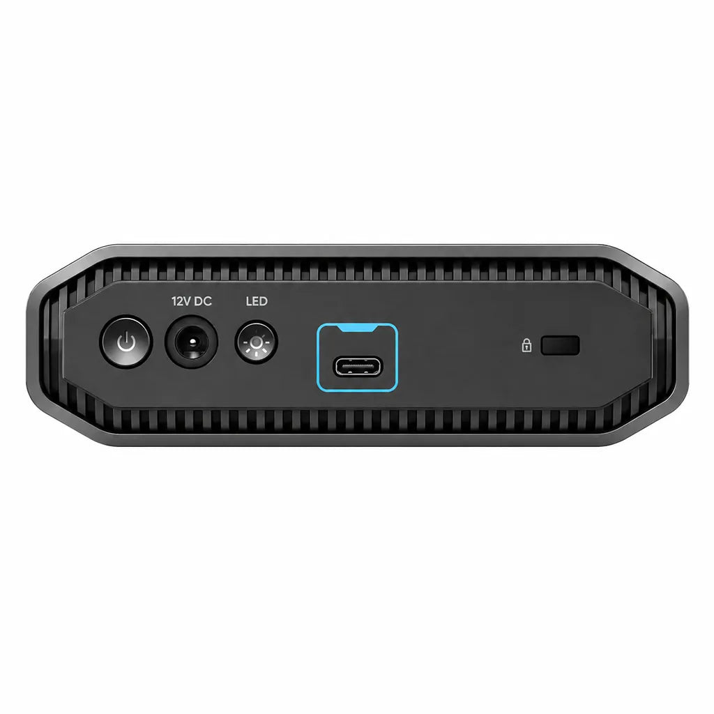 Rear panel of Western Digital G-DRIVE 6TB showing USB-C port, power input and LED indicator.