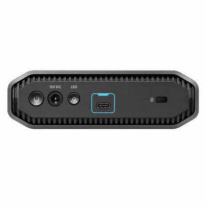 Rear ports of the Western Digital G-DRIVE 8TB external hard drive showing USB-C, power input, LED control, and security lock slot.