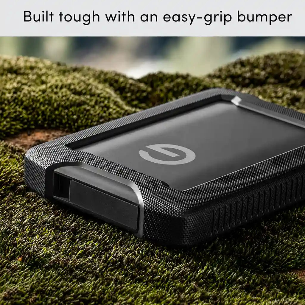 Western Digital G-DRIVE ArmorATD 2TB rugged hard drive featuring an easy-grip protective bumper for reliable portable storage.
