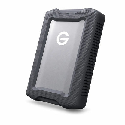 Angled view of the Western Digital G-DRIVE ArmorATD 2TB rugged portable hard drive featuring a durable aluminum body and shock-resistant bumper.