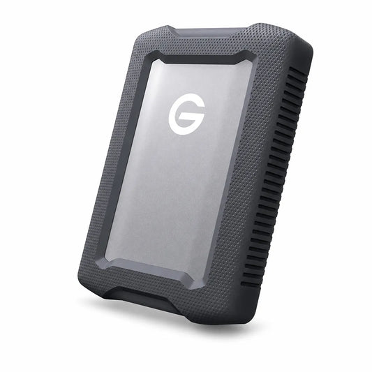 Angled view of the Western Digital G-DRIVE ArmorATD 2TB rugged portable hard drive featuring a durable aluminum body and shock-resistant bumper.