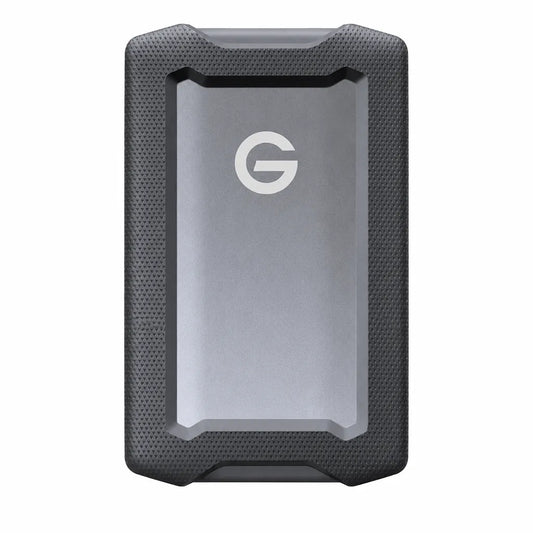 Western Digital G-DRIVE ArmorATD 2TB rugged portable external hard drive front view with premium aluminum enclosure and protective bumper.