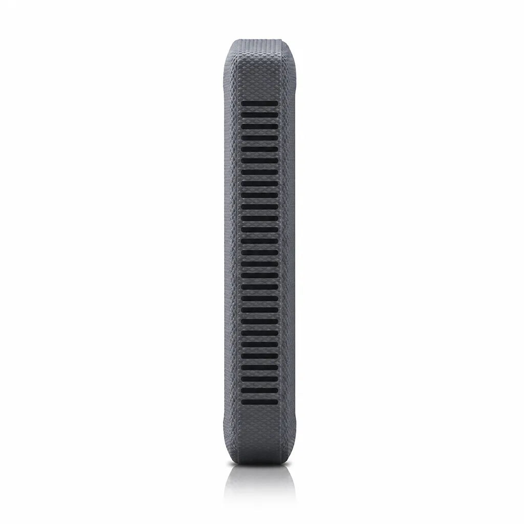 Side profile of the Western Digital G-DRIVE ArmorATD 2TB external hard drive showing rugged protective bumper design.