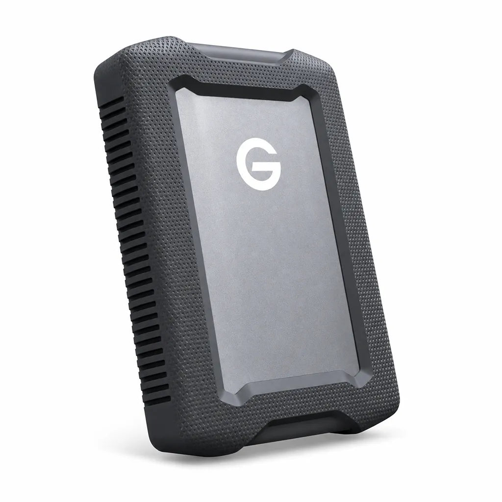 Three-quarter perspective of the Western Digital G-DRIVE ArmorATD 2TB rugged portable hard drive with aluminum enclosure.