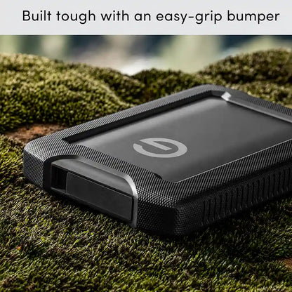 Western Digital G-DRIVE ArmorATD 4TB external hard drive featuring a durable easy-grip protective bumper.