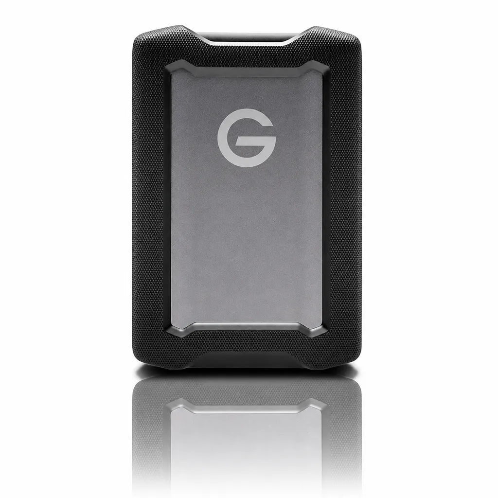 Front view of the Western Digital G-DRIVE ArmorATD 4TB rugged portable external hard drive with protective bumper.