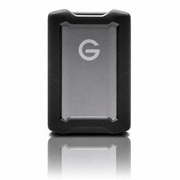 Front view of the Western Digital G-DRIVE ArmorATD 4TB rugged portable external hard drive with protective bumper.