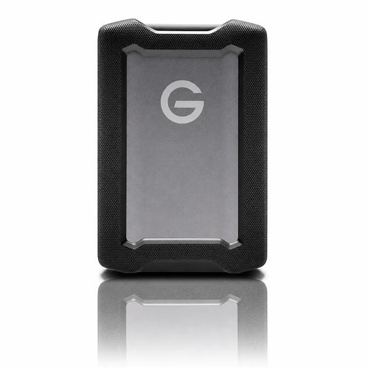 Front view of the Western Digital G-DRIVE ArmorATD 4TB rugged portable external hard drive with protective bumper.