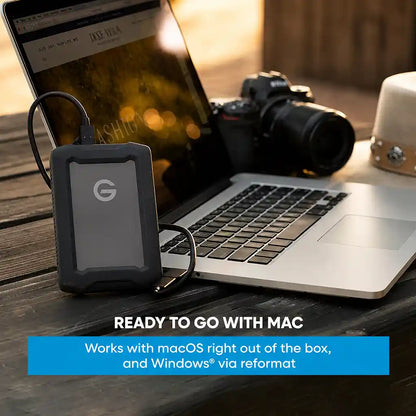 Western Digital G-DRIVE ArmorATD 5TB USB-C portable external hard drive compatible with macOS and Windows after reformat.