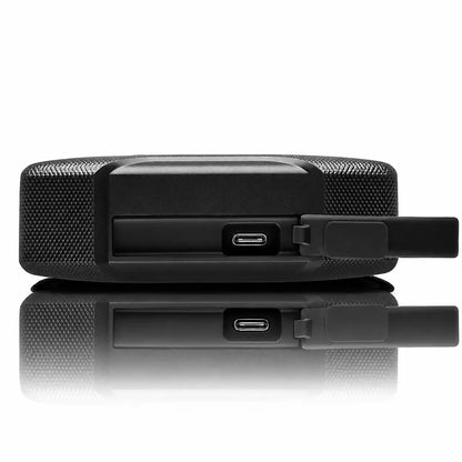 Close-up of the USB-C port on the Western Digital G-DRIVE ArmorATD 5TB rugged portable external hard drive.