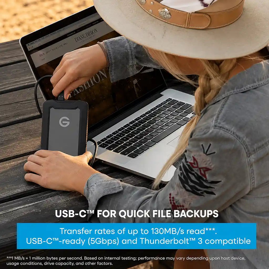 Western Digital G-DRIVE ArmorATD 6TB USB-C portable external hard drive delivering transfer speeds up to 130MB/s read.