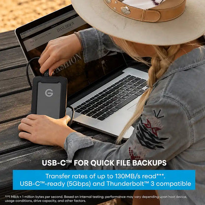 Western Digital G-DRIVE ArmorATD 6TB USB-C portable external hard drive delivering transfer speeds up to 130MB/s read.