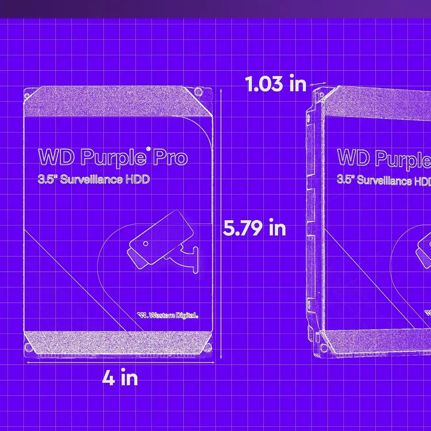 Technical blueprint and physical dimensions of Western Digital Purple Pro 14TB 3.5 Inch surveillance hard disk drive -tpstech.in