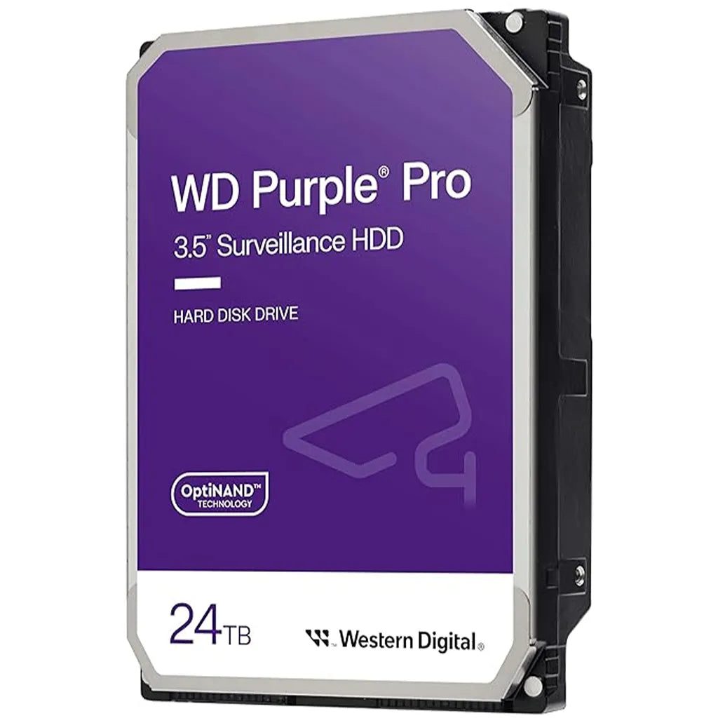 Western Digital Purple Pro 24TB 3.5-inch SATA 7200RPM Surveillance Hard Disk Drive front view with OptiNAND technology for AI-enabled surveillance and enterprise NVR systems.