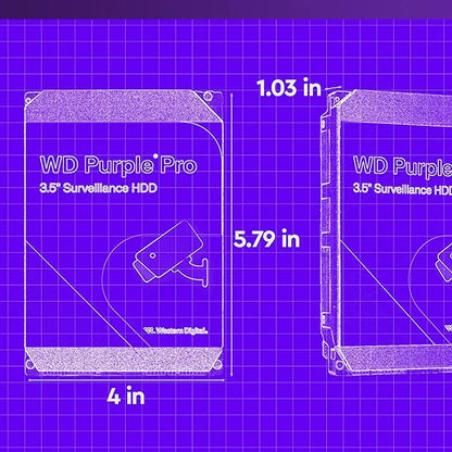 Technical blueprint diagram illustrating the physical dimensions of the WD Purple Pro 26TB hard drive: 4 inches wide, 5.79 inches long, and 1.03 inches thick.