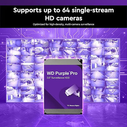 Graphic displaying a grid of security monitor feeds showing that the Western Digital Purple Pro 26TB hard drive supports up to 64 single-stream HD cameras.