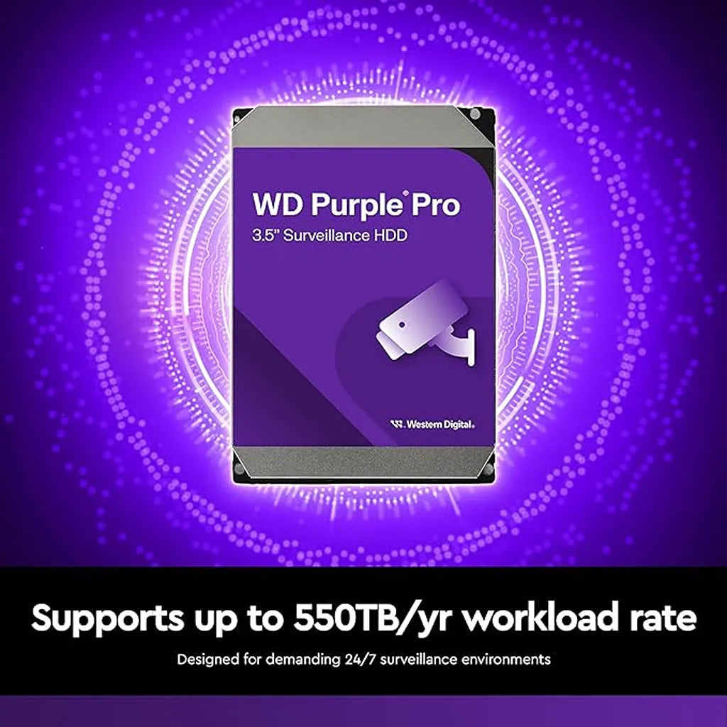 Infographic showing the Western Digital Purple Pro 26TB surveillance hard drive supporting up to 550TB per year workload rate for 24/7 demanding environments.