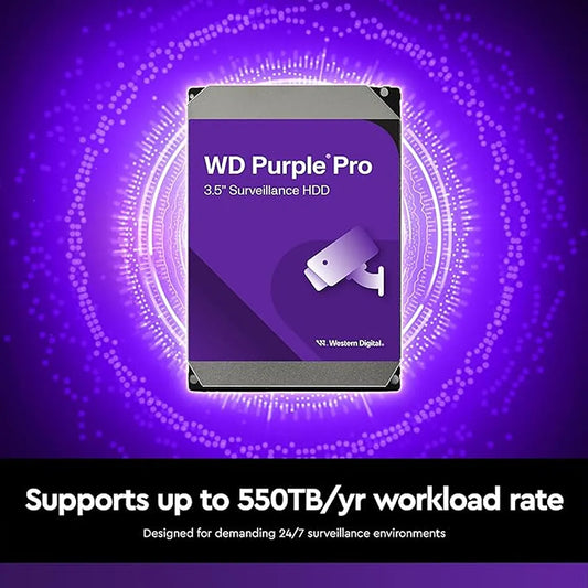 Infographic showing the Western Digital Purple Pro 26TB surveillance hard drive supporting up to 550TB per year workload rate for 24/7 demanding environments.
