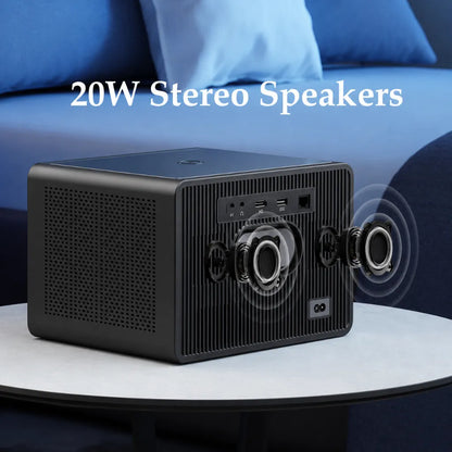 Rear view of WZATCO Legend GT Smart Projector showing dual 10W stereo speakers, HDMI, USB and audio connectivity ports.