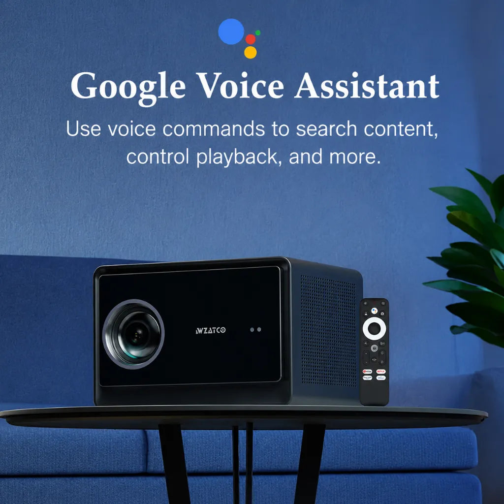 WZATCO Legend GT Google TV projector with built-in Google Voice Assistant for hands-free voice control and smart entertainment.