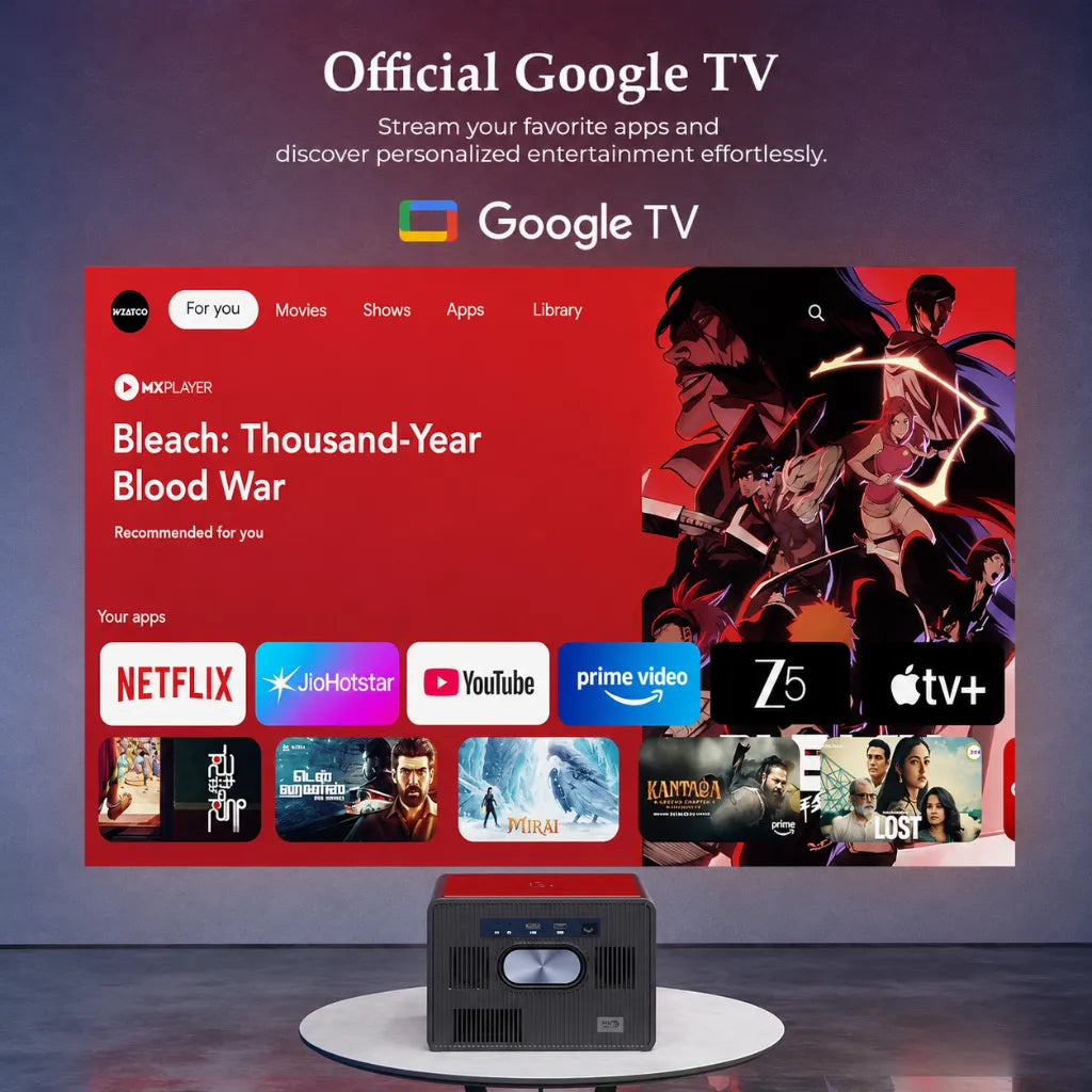 WZATCO Legend GT Official Google TV projector displaying popular streaming apps for immersive home theater entertainment.