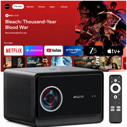 WZATCO Legend GT Google TV Smart Projector with remote control displaying streaming apps for an immersive home cinema experience.